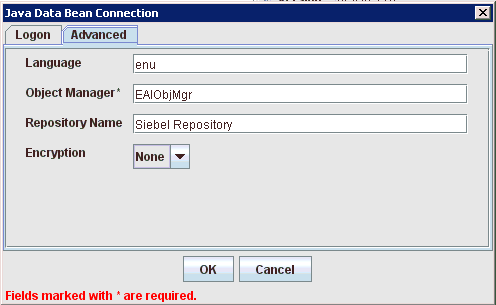 Java Data Bean Connection dialog