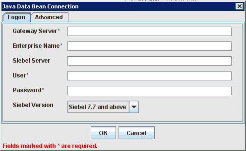 Java Data Bean Connection dialog