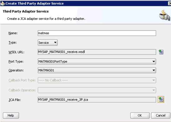 Create Third Party Adapter Service dialog box