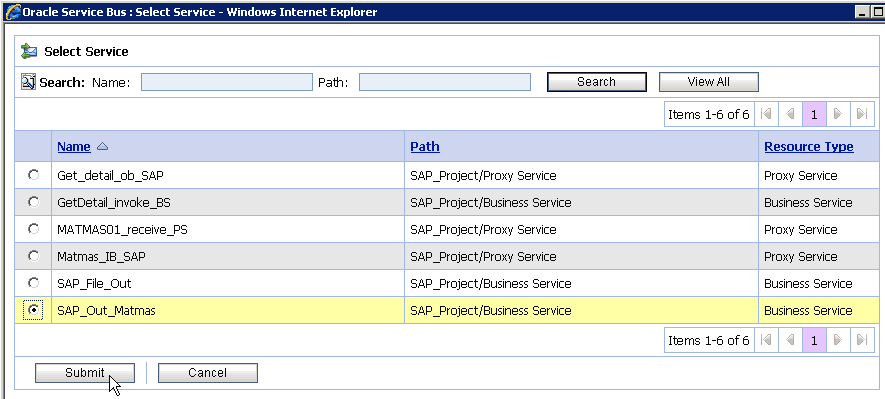 Select Service dialog