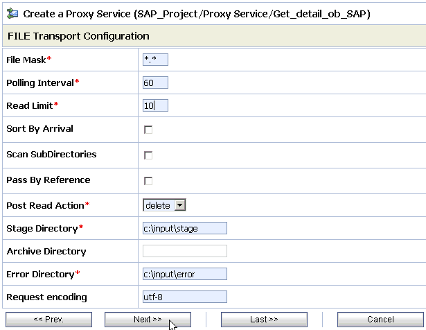 File Transport Configuration page