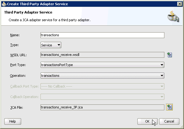 Create Third Party Adapter Service dialog box