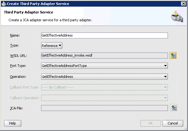 Create Third Party Adapter Service dialog box