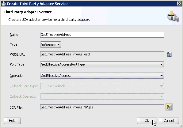 Create Third Party Adapter Service dialog box