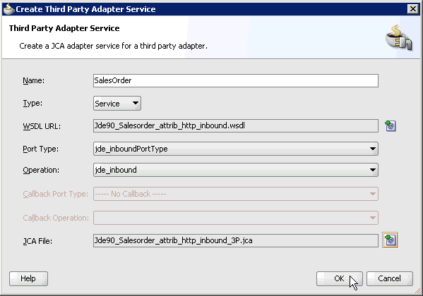 Create Third Party Adapter Service dialog box