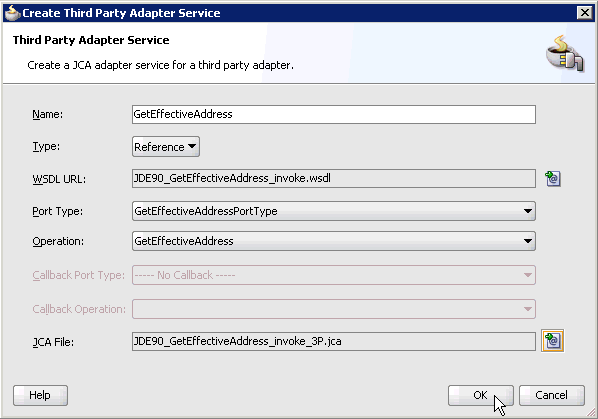 Create Third Party Adapter Service dialog box