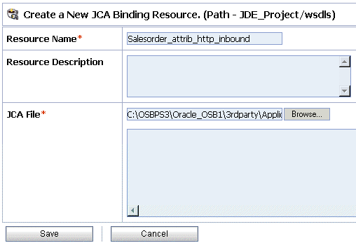 Create a New JCA Binding Resource page