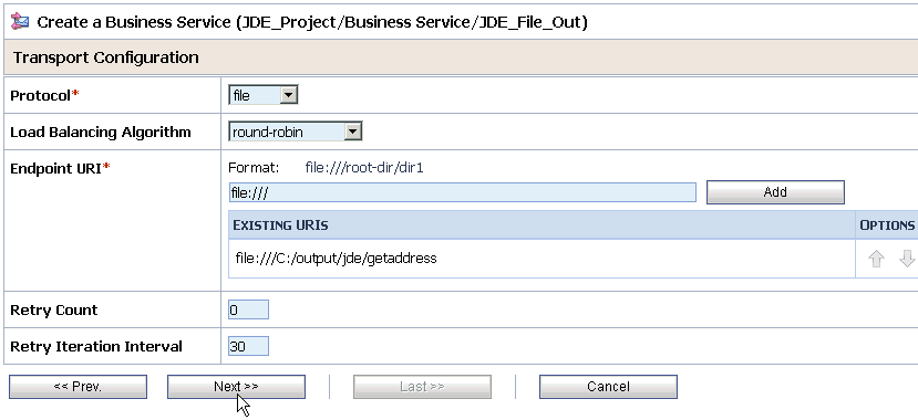 Transport Configuration page