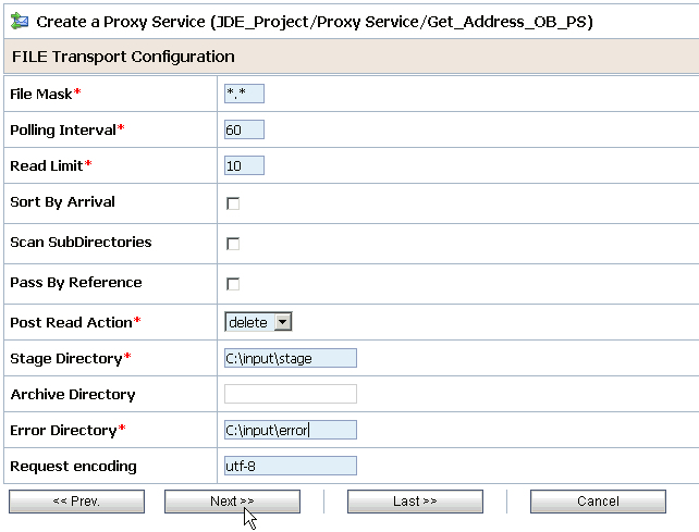 File Transport Configuration page