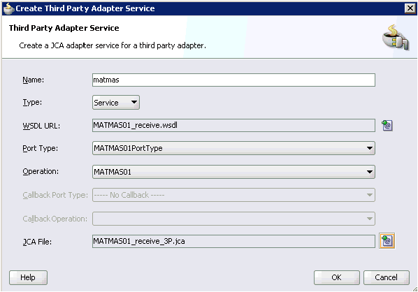 Create Third Party Adapter Service dialog box