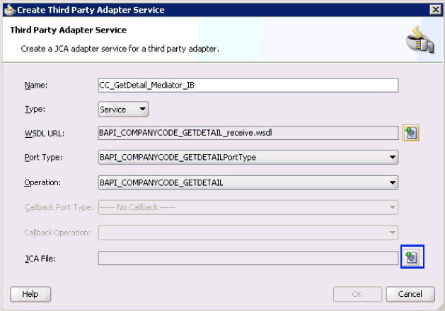 Create Third Party Adapter Service dialog box