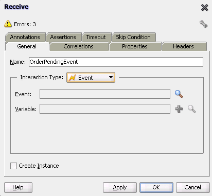 Receive dialog where the interaction pattern is set to Event