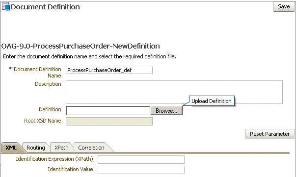OAG document definition parameters