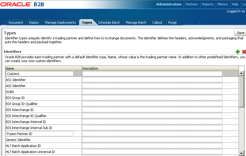 Identifier types available in Oracle B2B