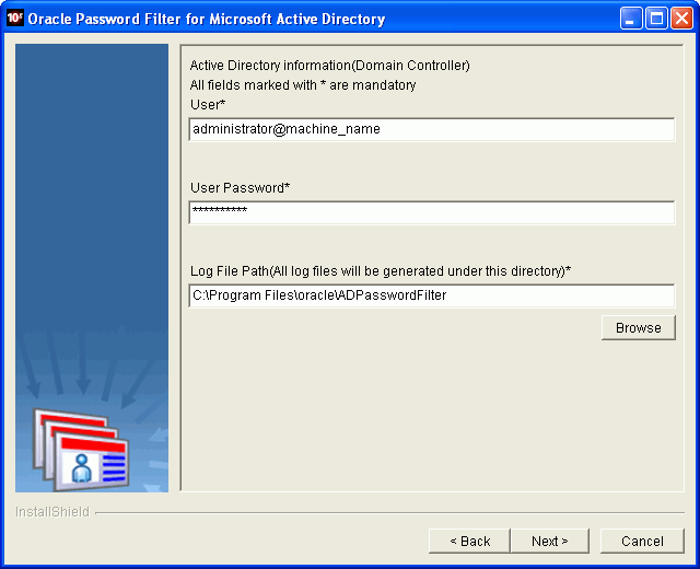 Oracle Password Filter for AD installer screen