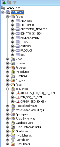 Viewing the SOADEMO schema in Oracle JDeveloper.