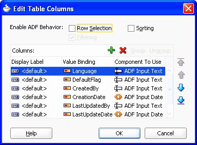 Edit table columns dialog for filtered table.