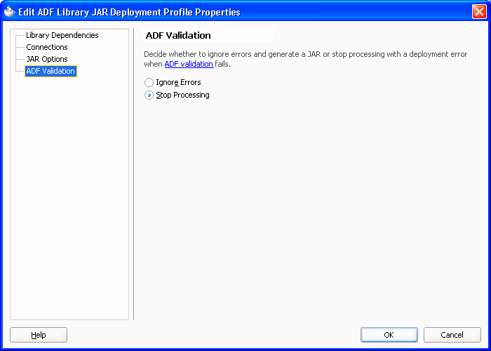 ADF Deployment Profile ADF Validation tab