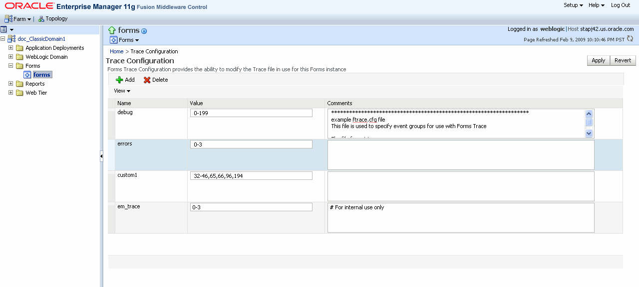 Trace Configuration Page.