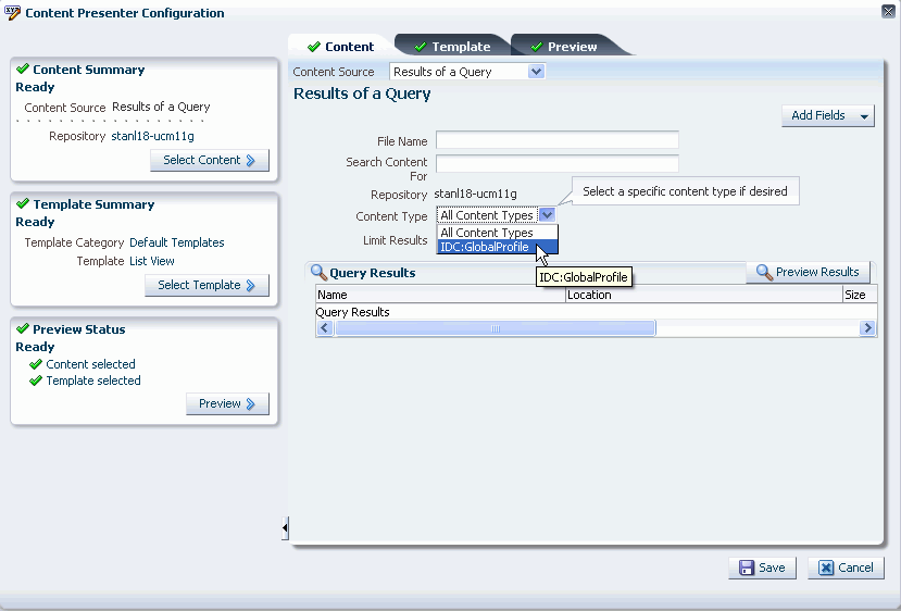 Selecting the Content Source: Results of a Query