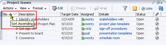 Sort icons on a list column header