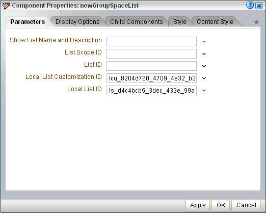 List Viewer task flow Parameters tab