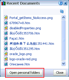 Open personal folders button on the Recent Documents panel