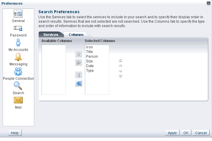 Columns tab in search preferences