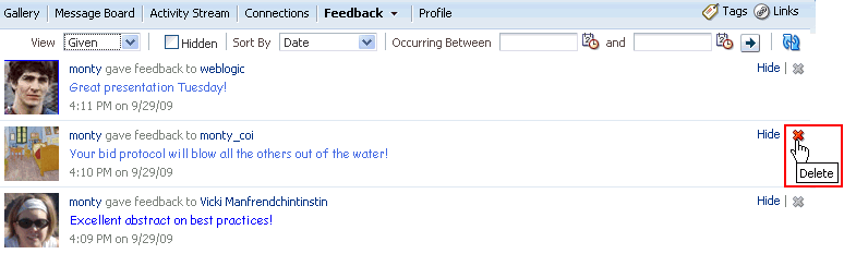 Delete icon on Feedback page