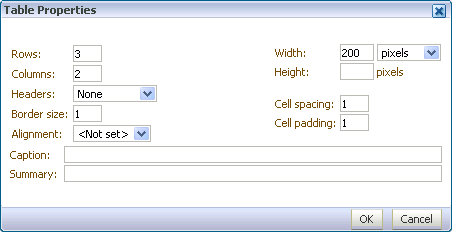 Table Properties dialog box