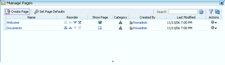 Manage Pages dialog