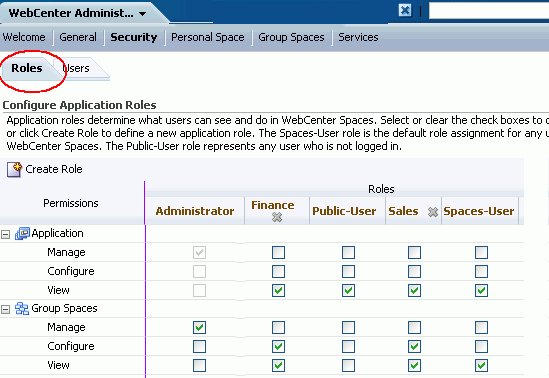 WebCenter Administration - Roles Tab