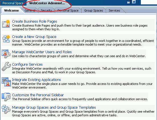 WebCenter Administration pages