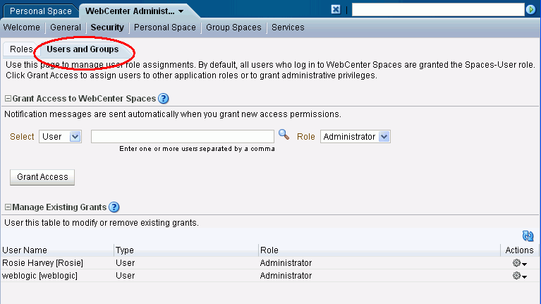 WebCenter Administration - Users Tab
