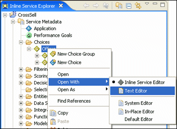 Shows Open With > Text Editor menus in Decision Studio.