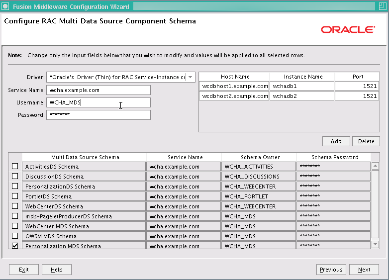 Configure RAC Multi Data Source Component Schema screen