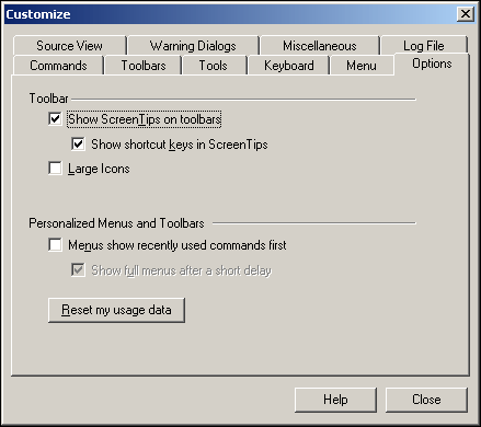 Options Tab dialog box