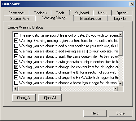 Warning Dialogs Tab dialog box