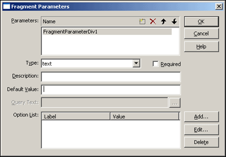 Fragment Parameters dialog box