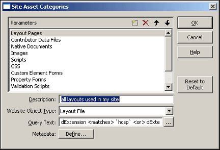 Site Asset Categories dialog box