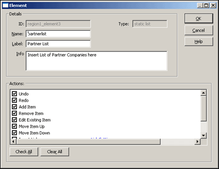 Static List Element dialog box