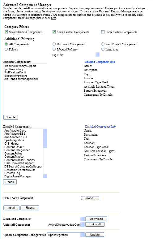 This figure shows the Advanced Component Manager screen.