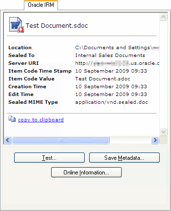 Oracle IRM properties tab