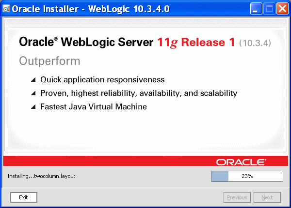 WebLogic Server Installer Status screen