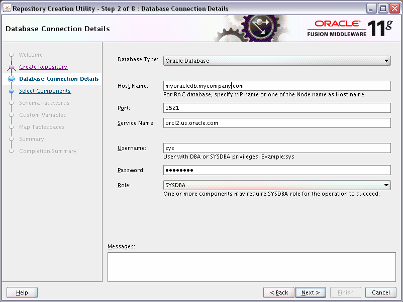 rcu database connection details screen