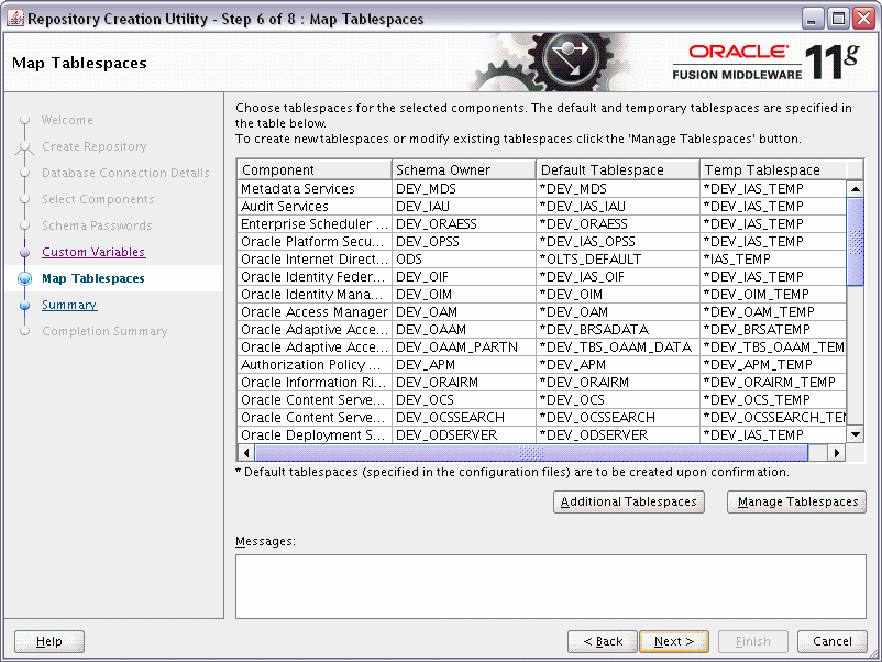 rcu map tablespaces screen