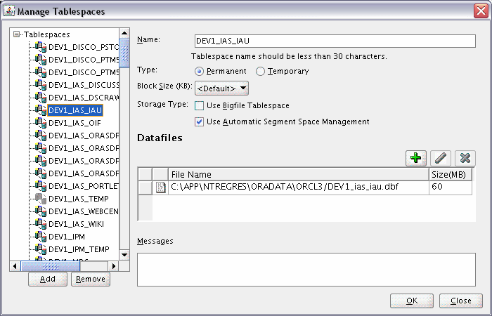 maange tablespaces screen