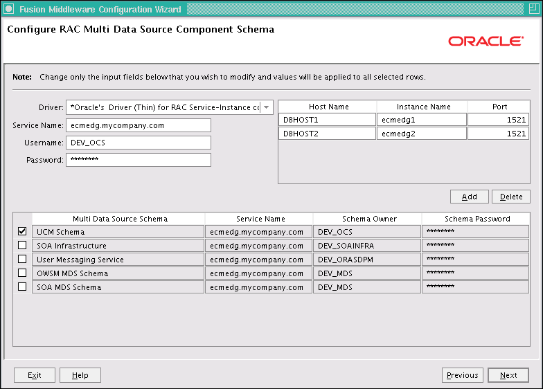 Configure RAC Multi Data Source Component Schema screen