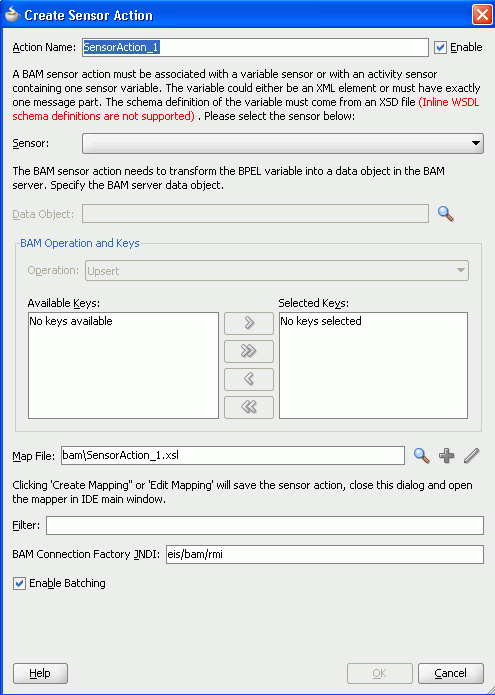 create sensor action dialog