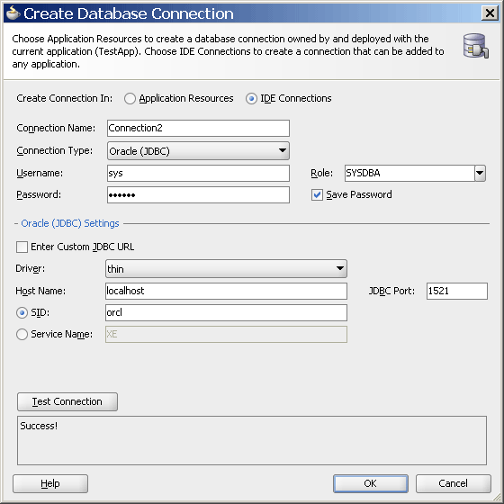 Create Database Connection Dialog